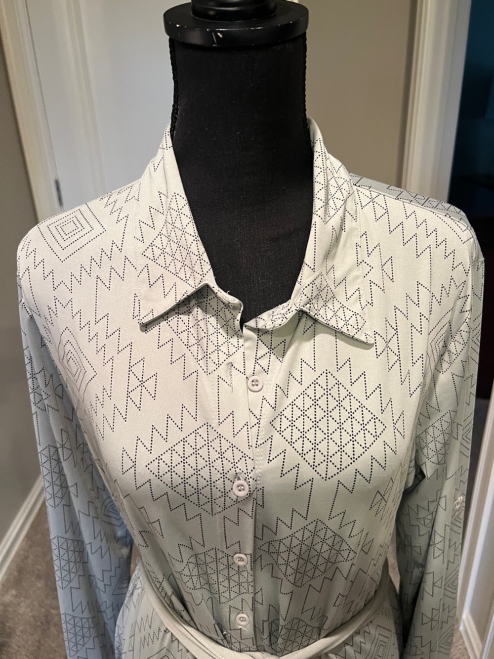 LuLaRoe Light Green Aztec Shirt Dress with Self Tie - Picture 2 of 10